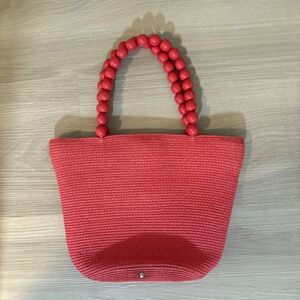 Talbots Tote Women Woven Coral Pink Beaded Handle Beach Bag Purse Summer Handbag